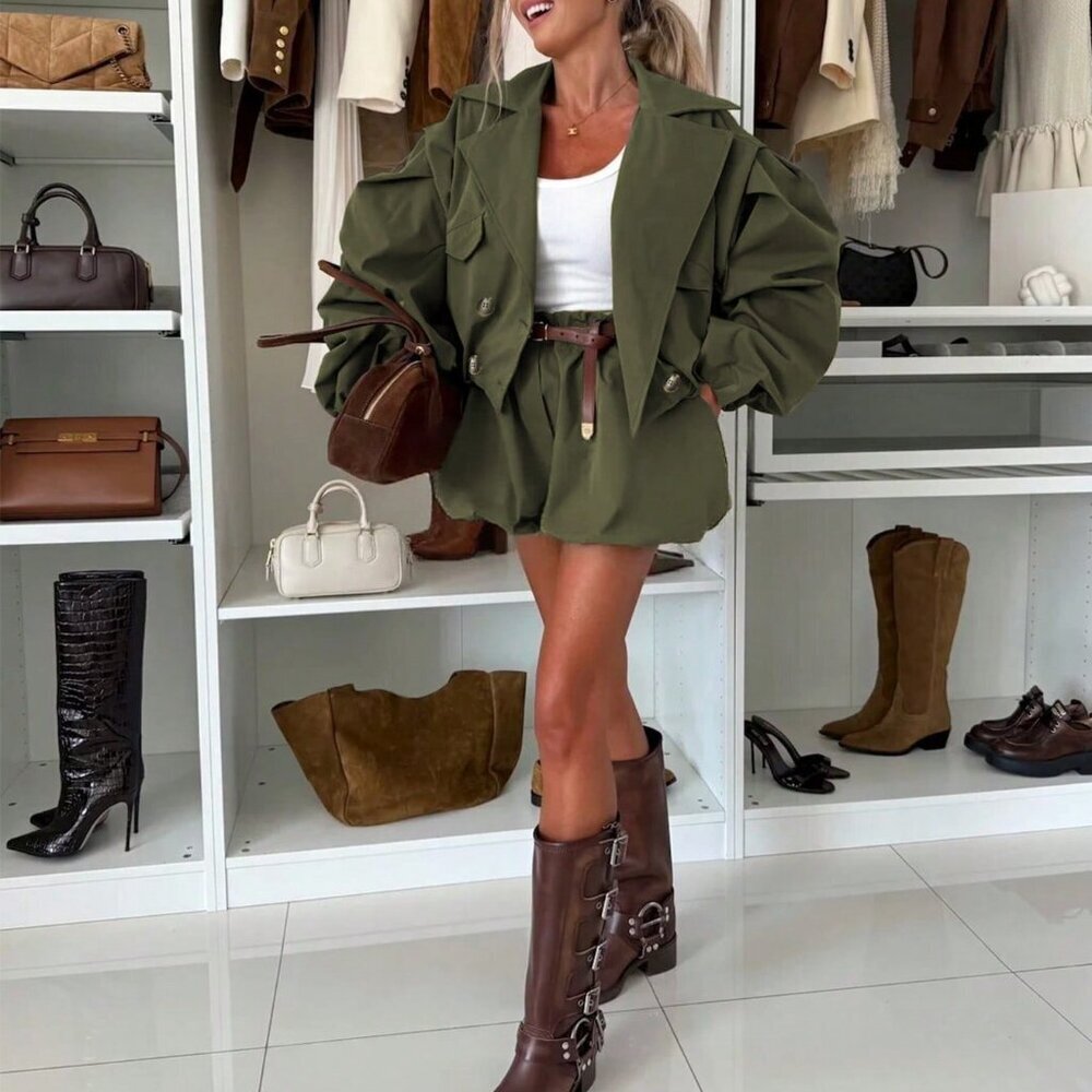 Army Green Casual Women's Jacket & Pants 2 Piece Set - Picture 5 of 7